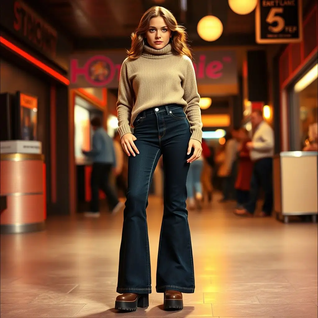 Bell-Bottom Jeans, Fitted Turtleneck, Platform Shoes