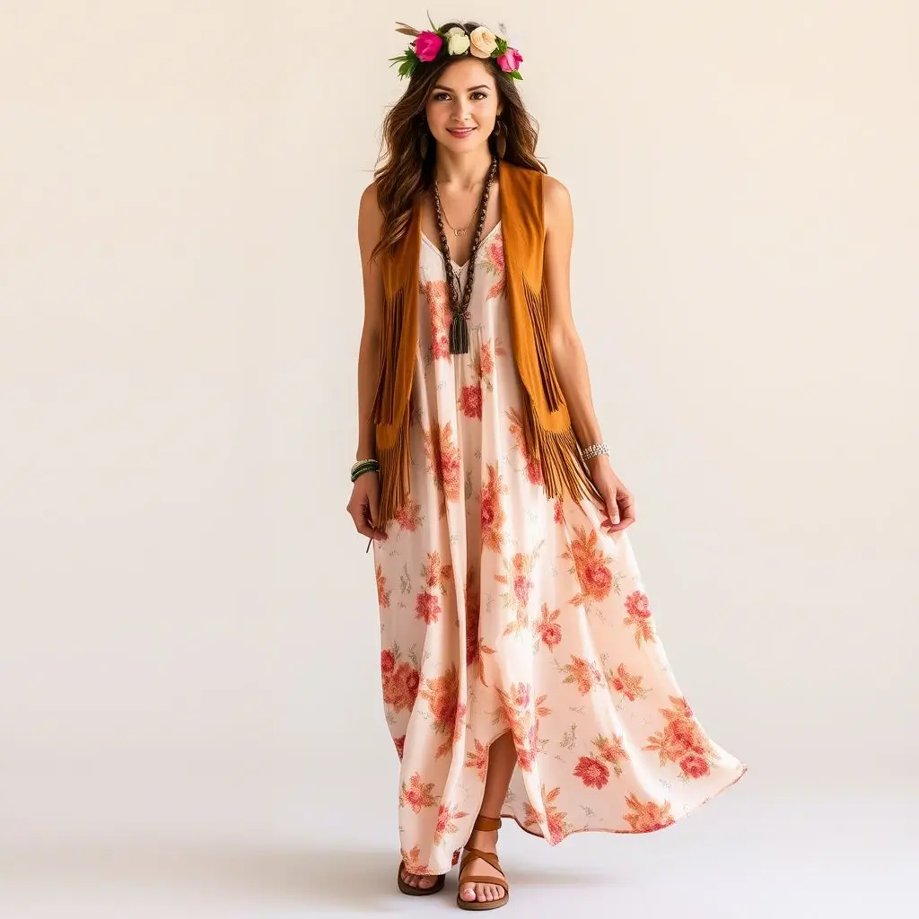 Boho Maxi Dress with Fringed Vest