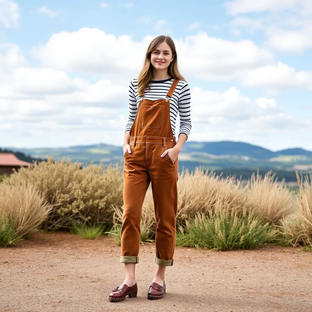 Corduroy Overalls, Striped Tee, Clogs – A Playful 70s Countryside Look