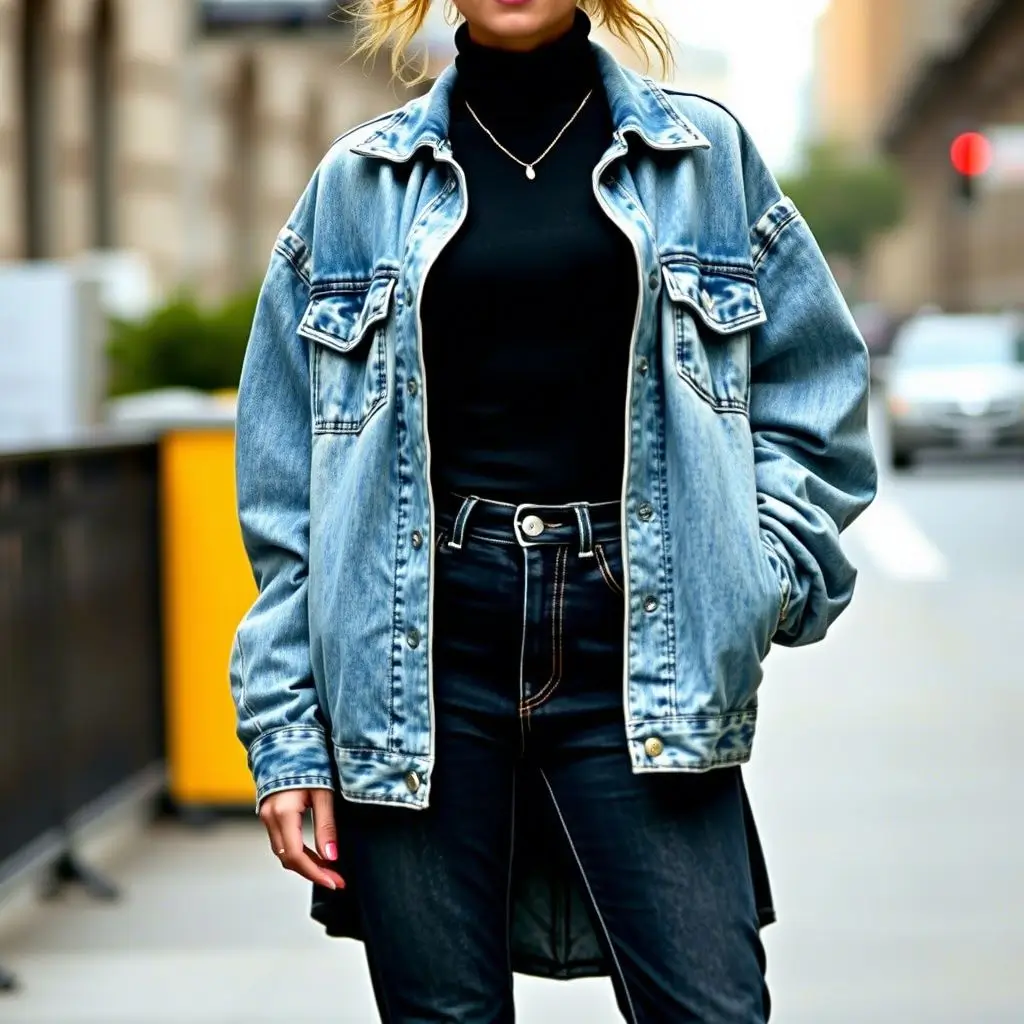 Vintage 80s oversized denim jacket and acid-wash vest outfit