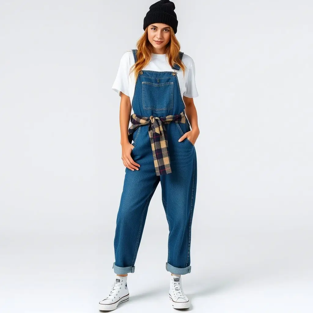 Denim Overalls & Plaid Shirt