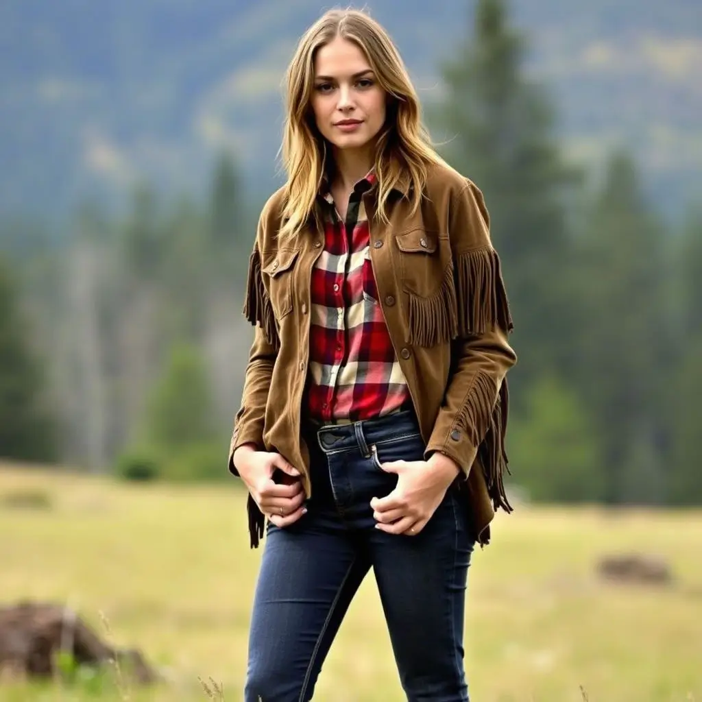 Flannel Shirt, High-Waisted Jeans, Suede Fringe Jacket