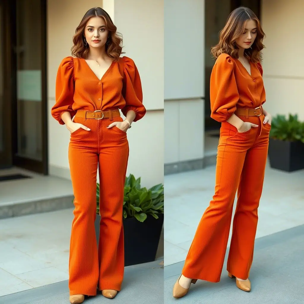 Flared Corduroy Pants, Puff Sleeve Blouse, Chunky Belt