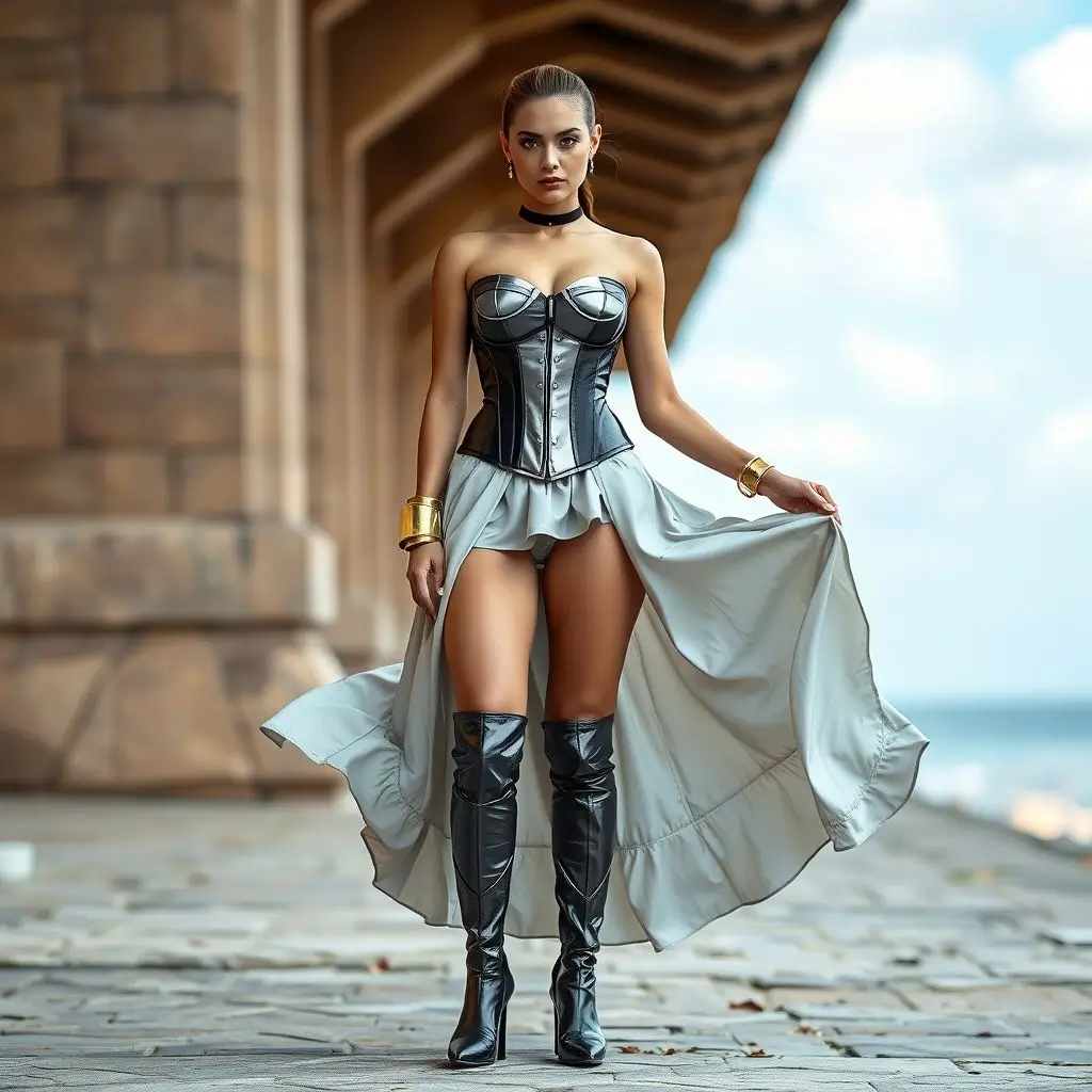 Futuristic Metallic Corset with Flowing Skirt