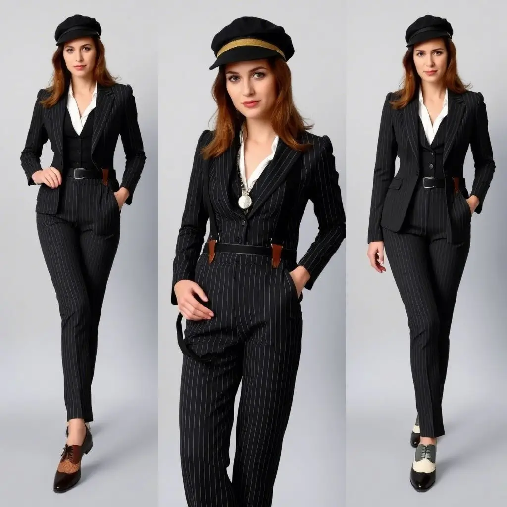 1920s Gatsby-style pinstripe suit with suspenders, wingtip shoes, and a classic fedora hat