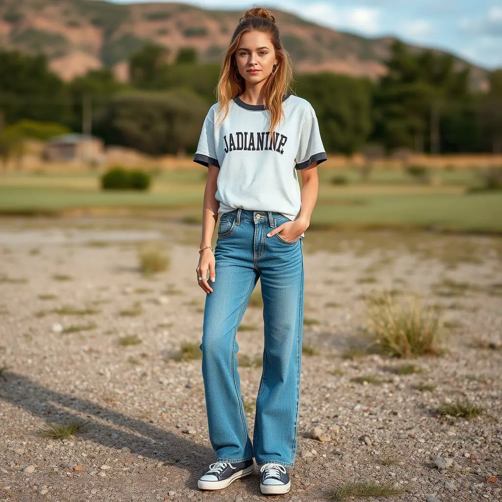 Graphic Ringer Tee, Wide-Leg Jeans, Sneakers – A Youthful, Laid-Back Fit