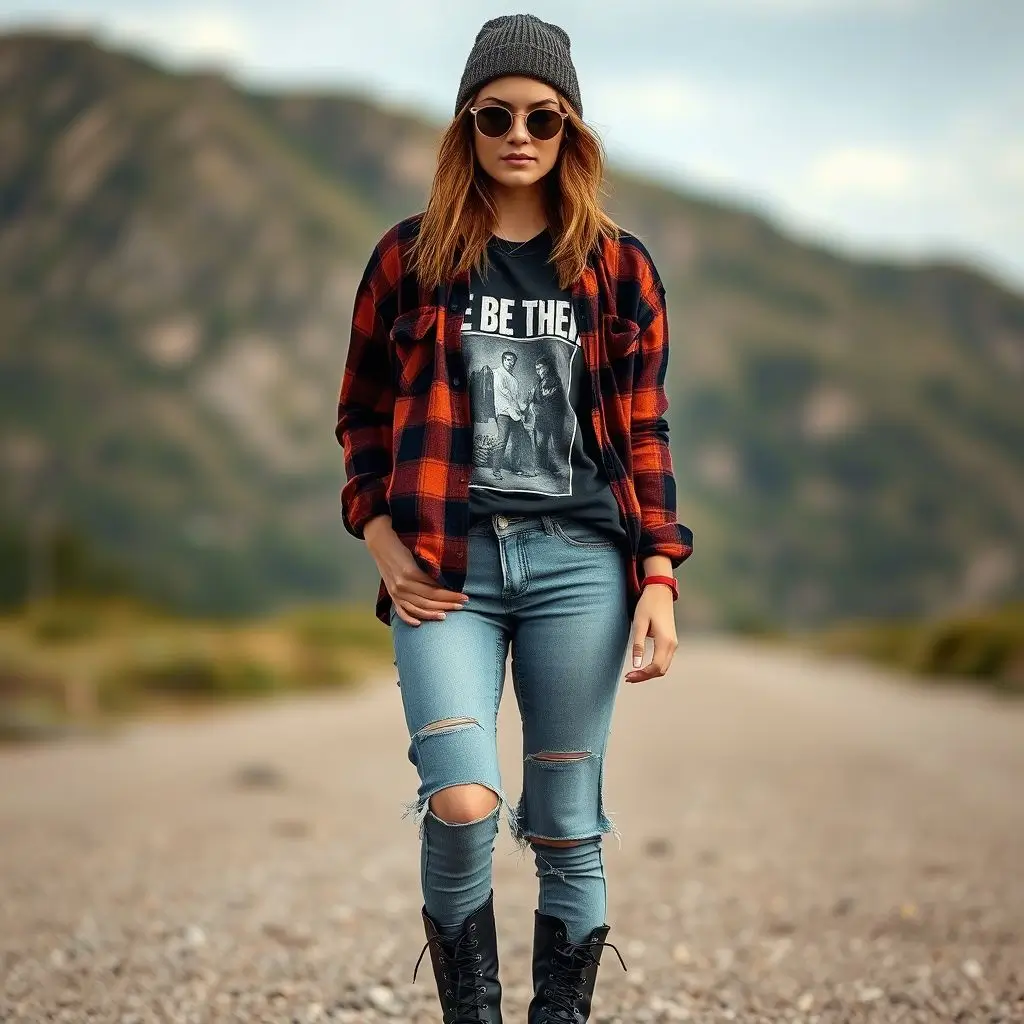 Grunge Flannel Shirt & Ripped Jeans