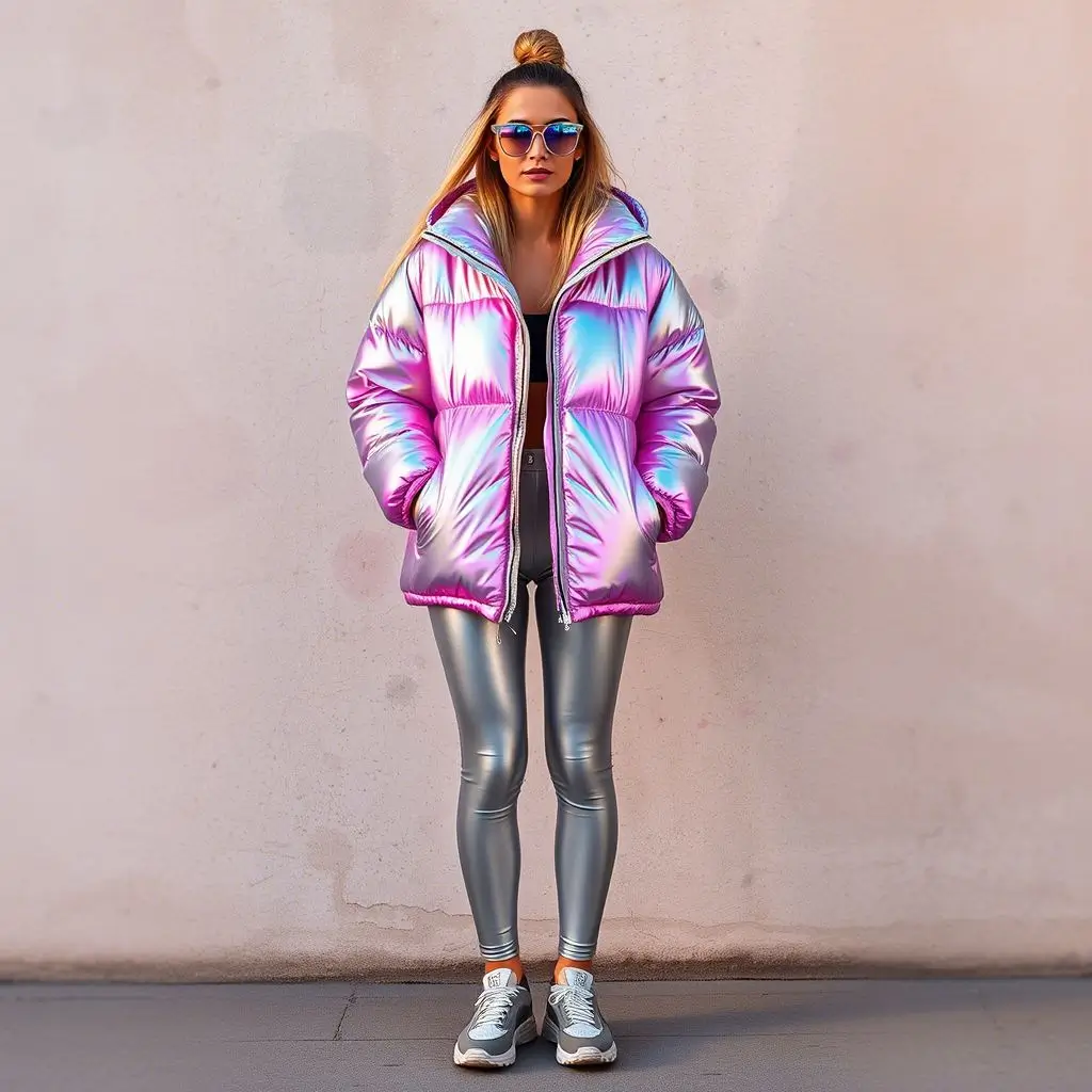 Iridescent Puffer Jacket & Silver Leggings