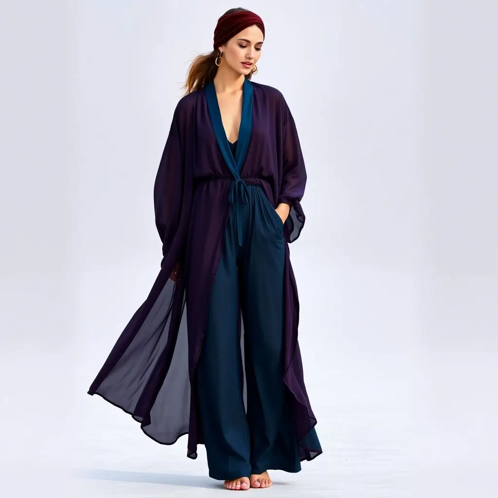 Kimono-Style Robe, Wide-Leg Pants, Turban Headband