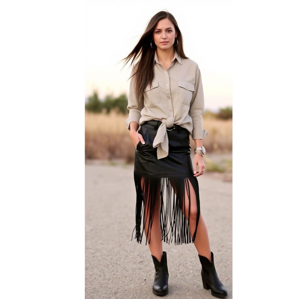 Leather Fringe Mini Skirt, Button-Down Shirt, Ankle Boots – A Rugged Yet Feminine Outfit