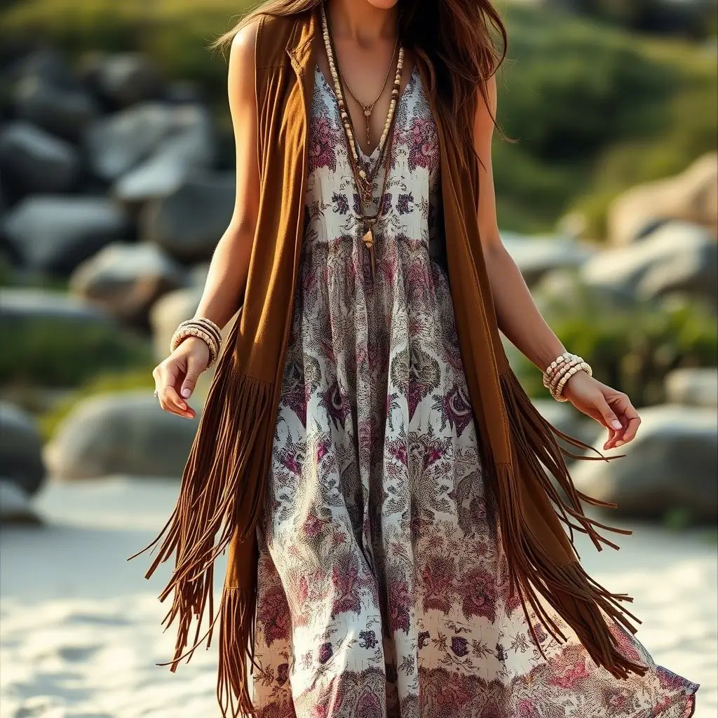 Maxi Boho Dress, Suede Vest, Beaded Accessories