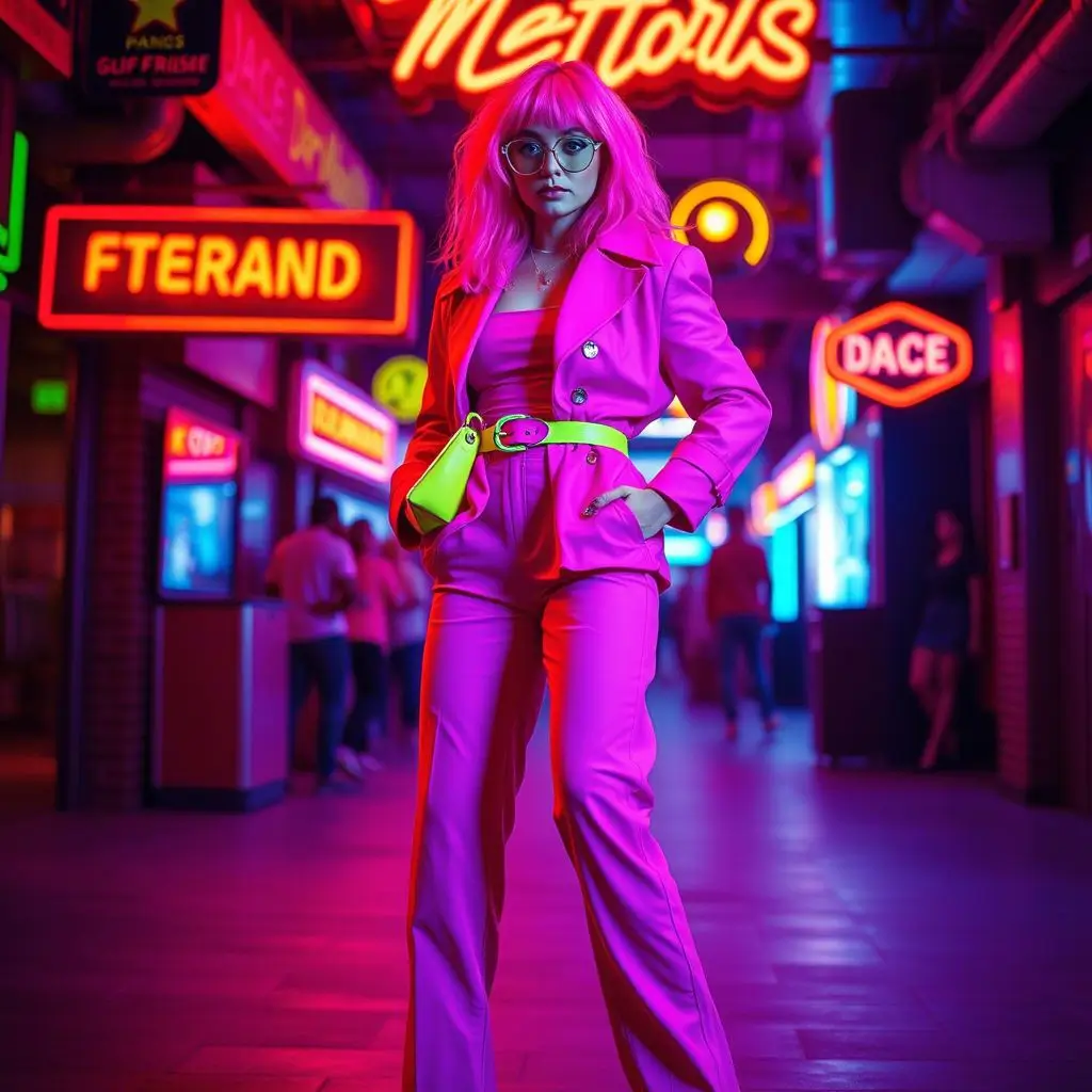 80s neon fashion trend with hot pink, electric blue, and bold patterns