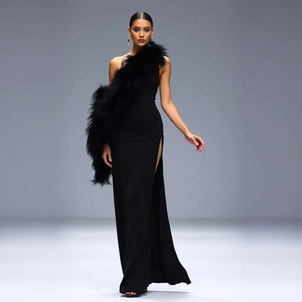 One-Shoulder Maxi Dress, Chunky Gold Jewelry, Feathered Boa