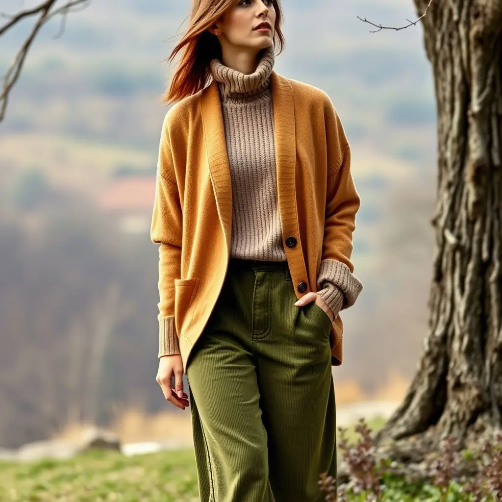 Oversized Cardigan, Turtleneck, Wide-Leg Corduroys – Effortlessly Retro