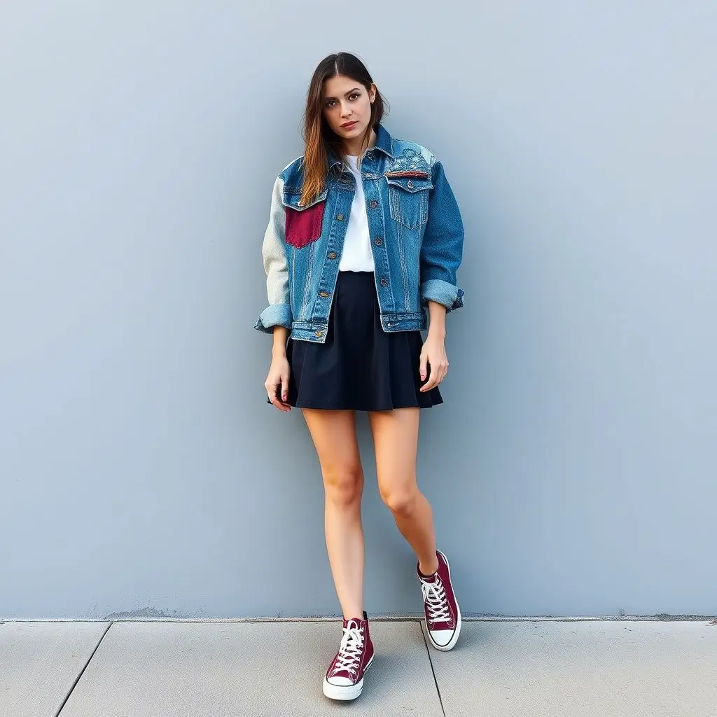 Patchwork Denim Jacket, A-Line Skirt, Converse – Fun and Artsy