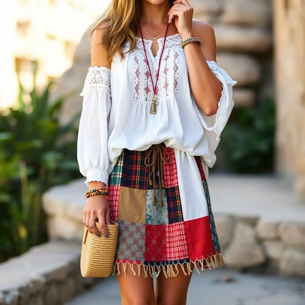 Peasant Blouse, Patchwork Skirt, Gladiator Sandals