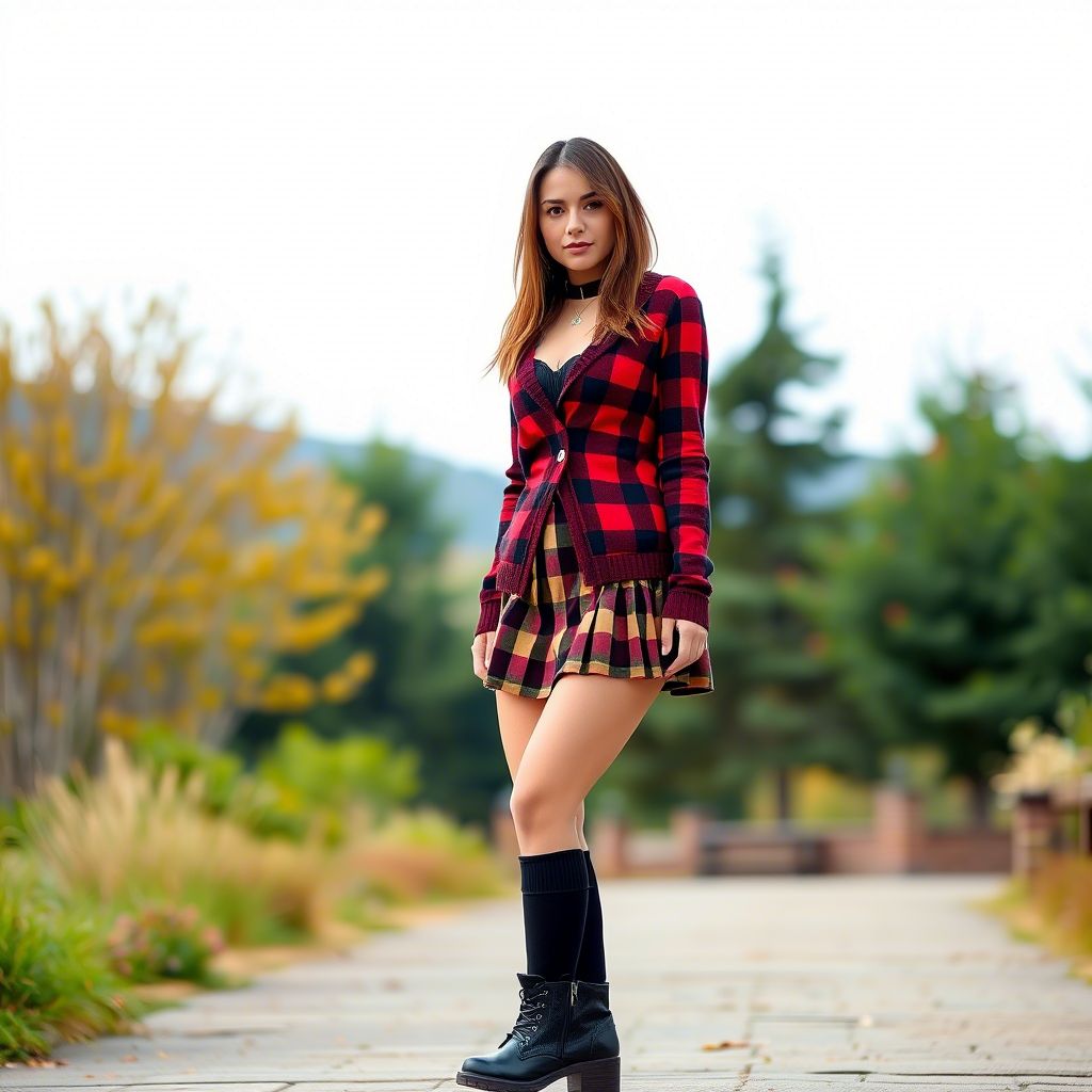 Plaid Pleated Mini Skirt with a Fitted Cardigan