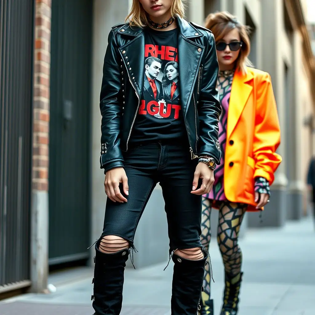 80s punk rock fashion with leather, chains, and alternative New Wave style