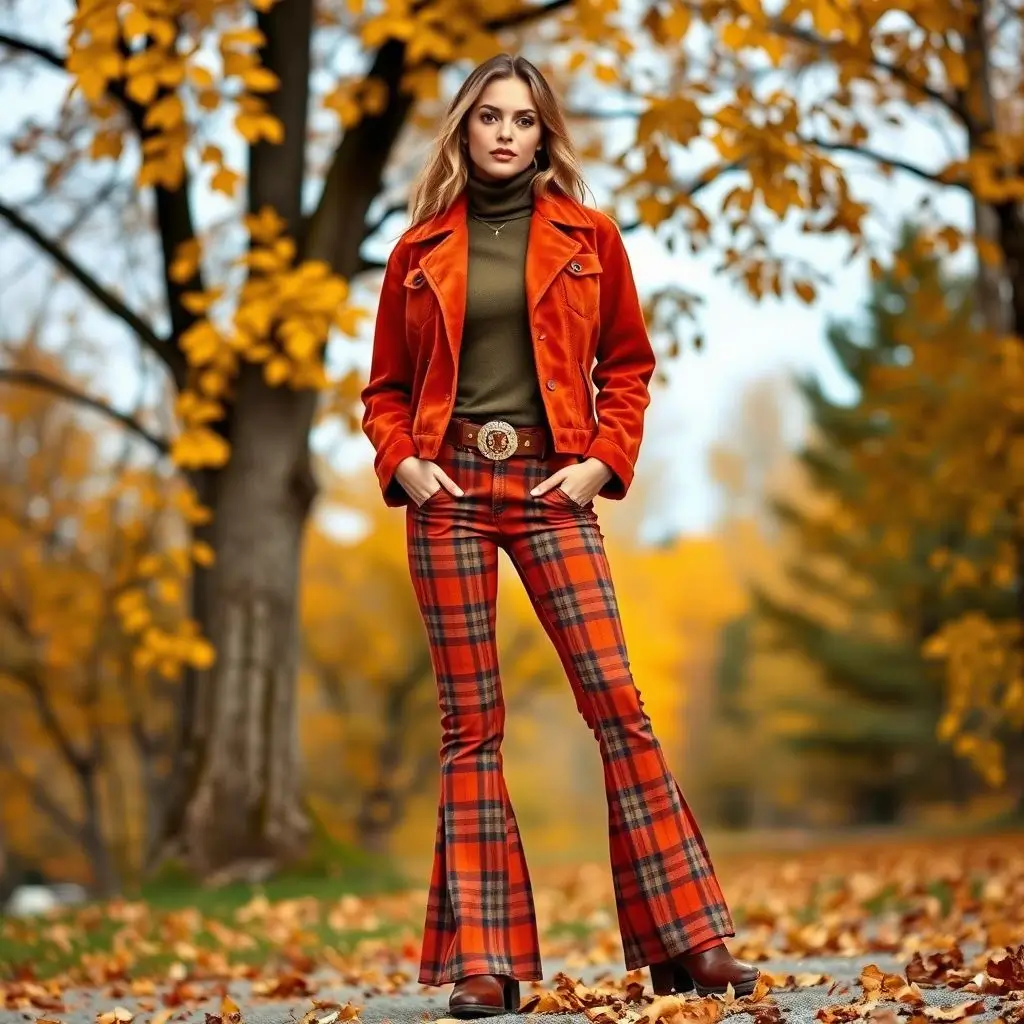 Suede Jacket, Turtleneck, Plaid Bell-Bottoms – Cozy with Rich 70s Tones