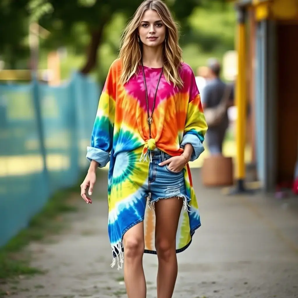 Tie-Dye Tunic, Frayed Denim Shorts, Ankle Boots