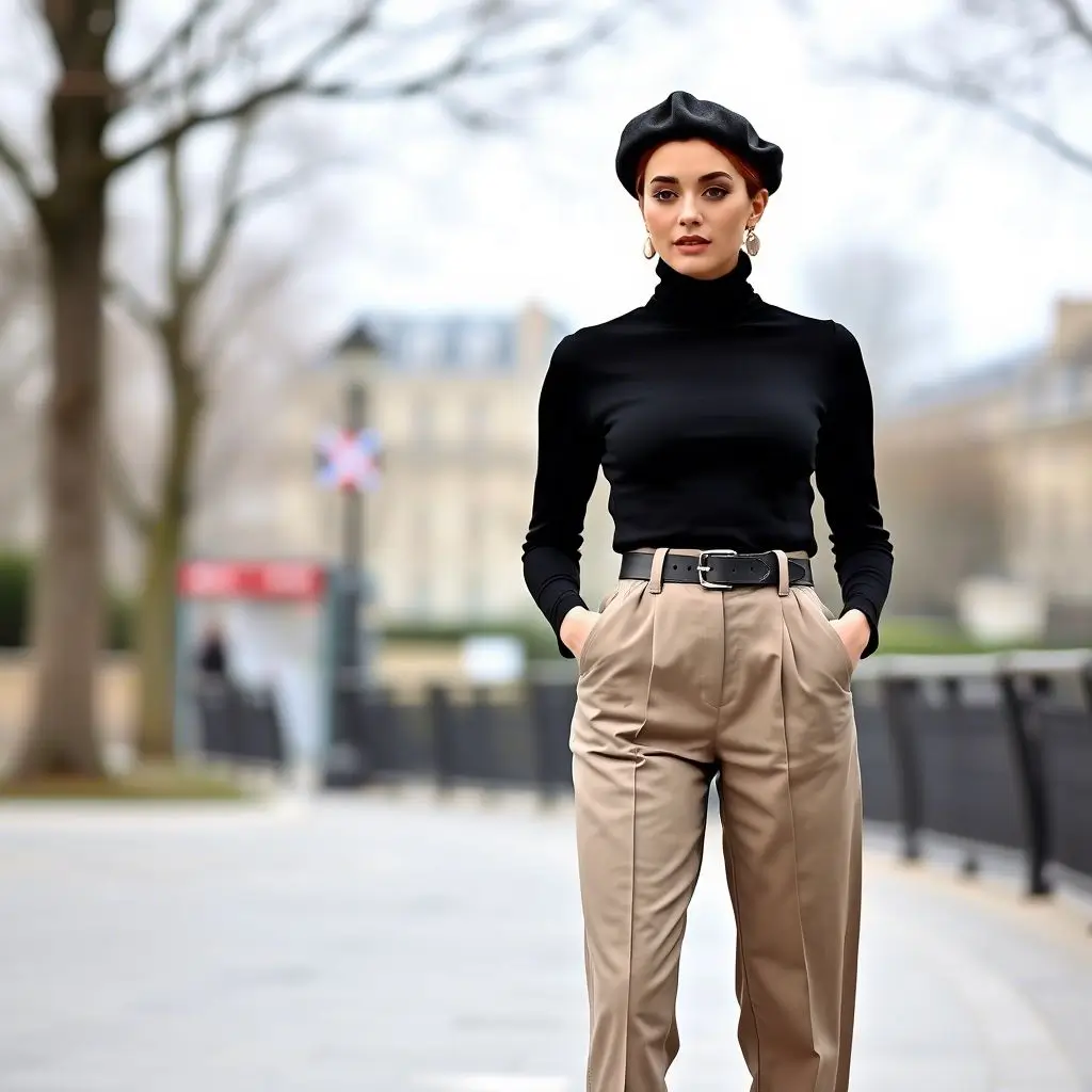 Turtleneck, High-Waisted Suit Pants, Beret – Parisian-Inspired Sophistication