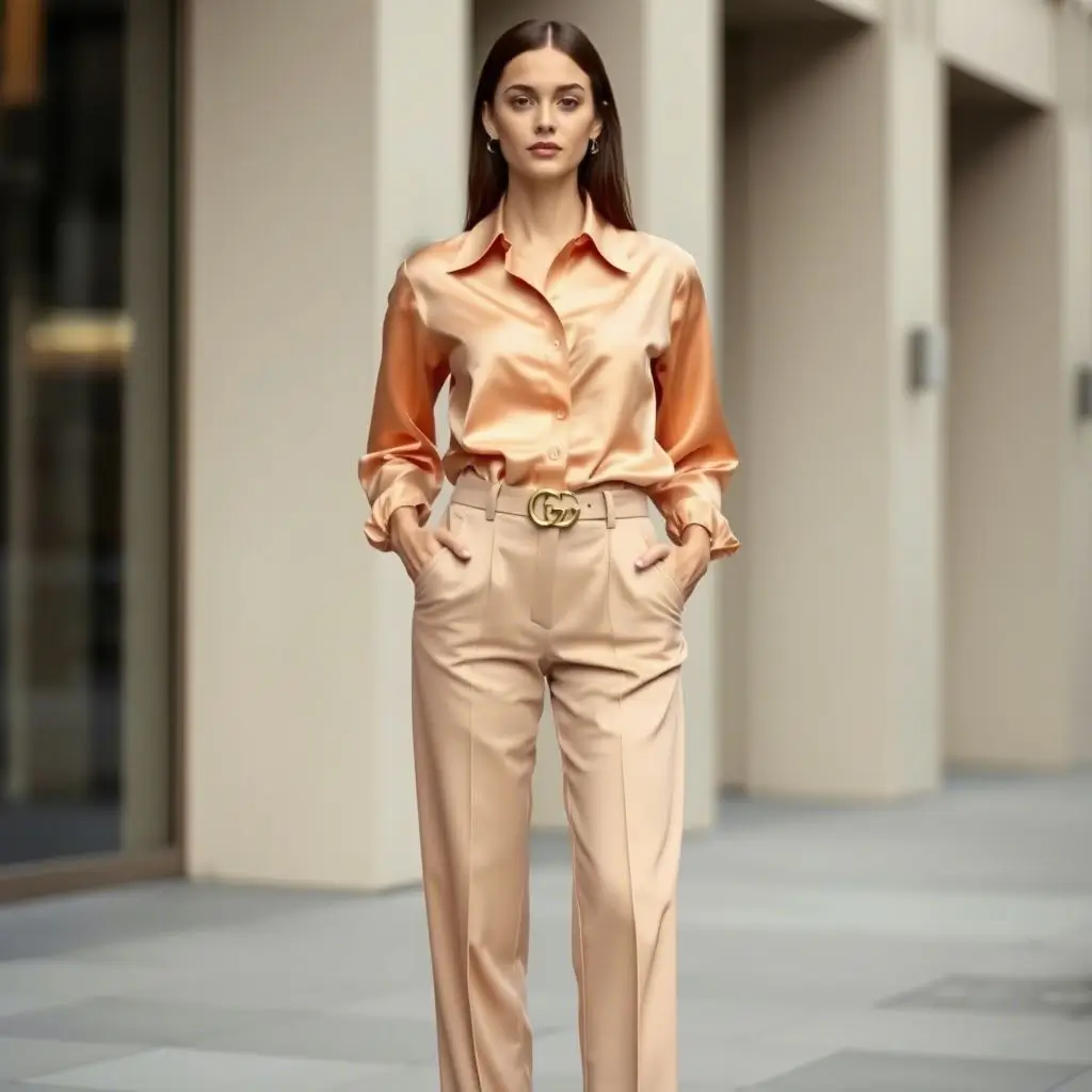 Wide-Collar Button-Up Shirt, High-Waisted Trousers, Loafers