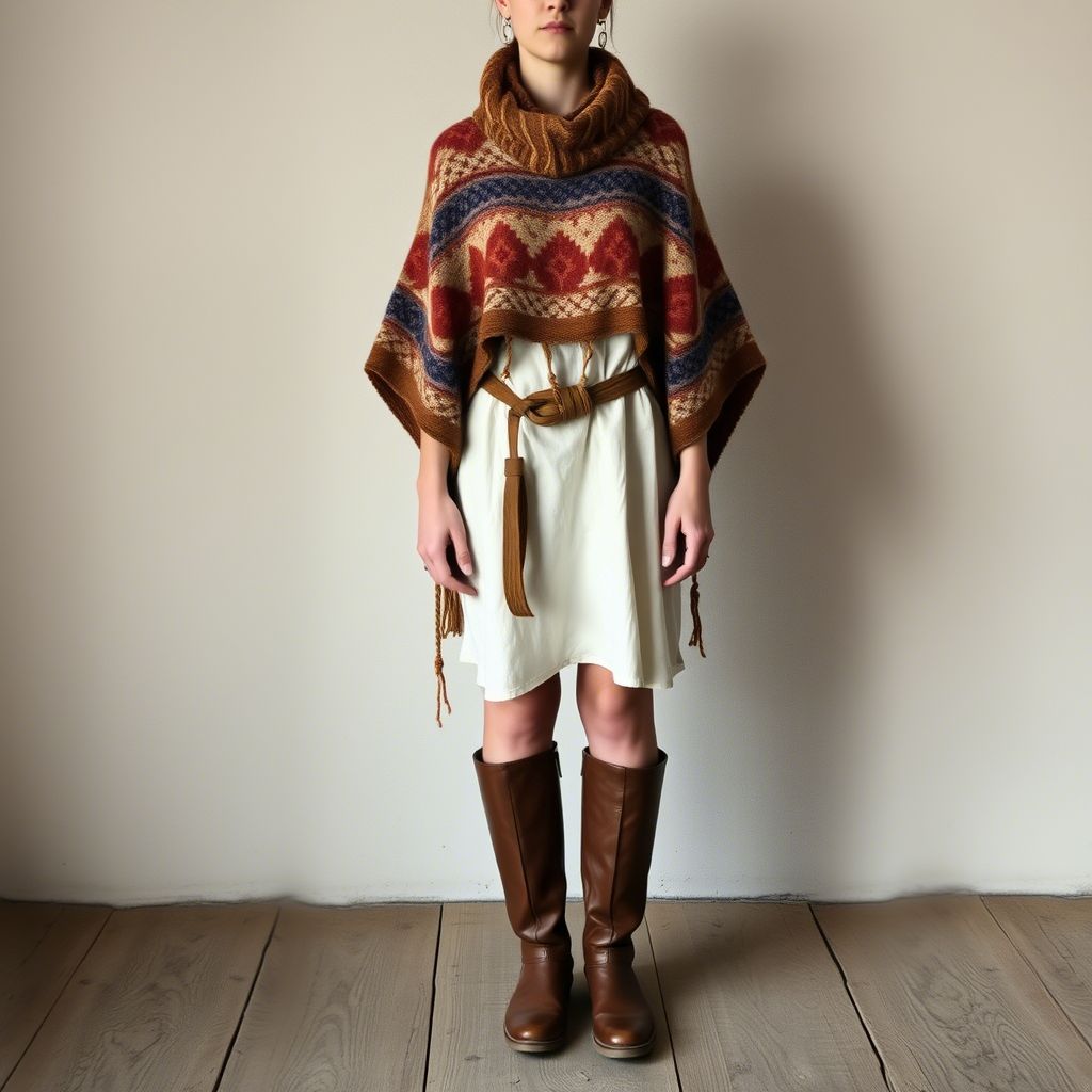 Rustic Wool Poncho Over a Linen Dress