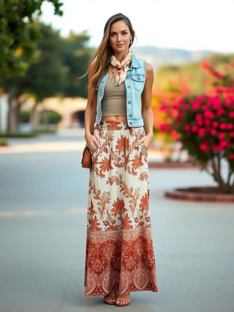 Boho Maxi Skirt with a Cropped Denim Vest
