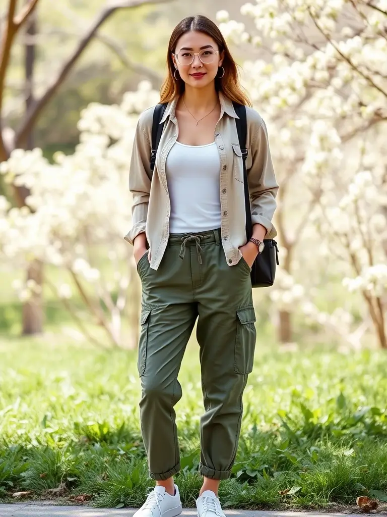 Cargo Pants with a Tank and Sheer Button-Up