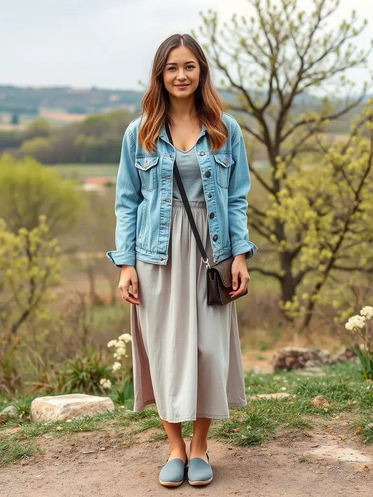 Light Wash Denim Jacket Over a Midi Skirt